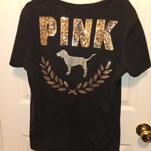 Victoria's Secret PINK Rose Gold Sequins Black Bling Tee